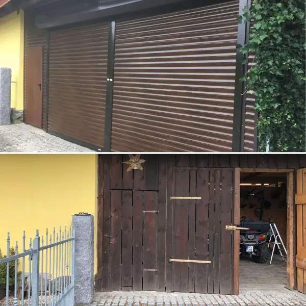 Rolovací garážová vrata imitace ořech na elektrický pohon a obložená stěna