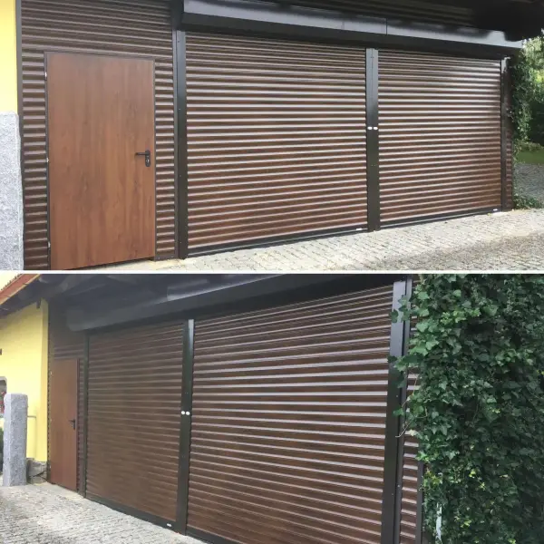 Rolovací garážová vrata imitace ořech na elektrický pohon a obložená stěna